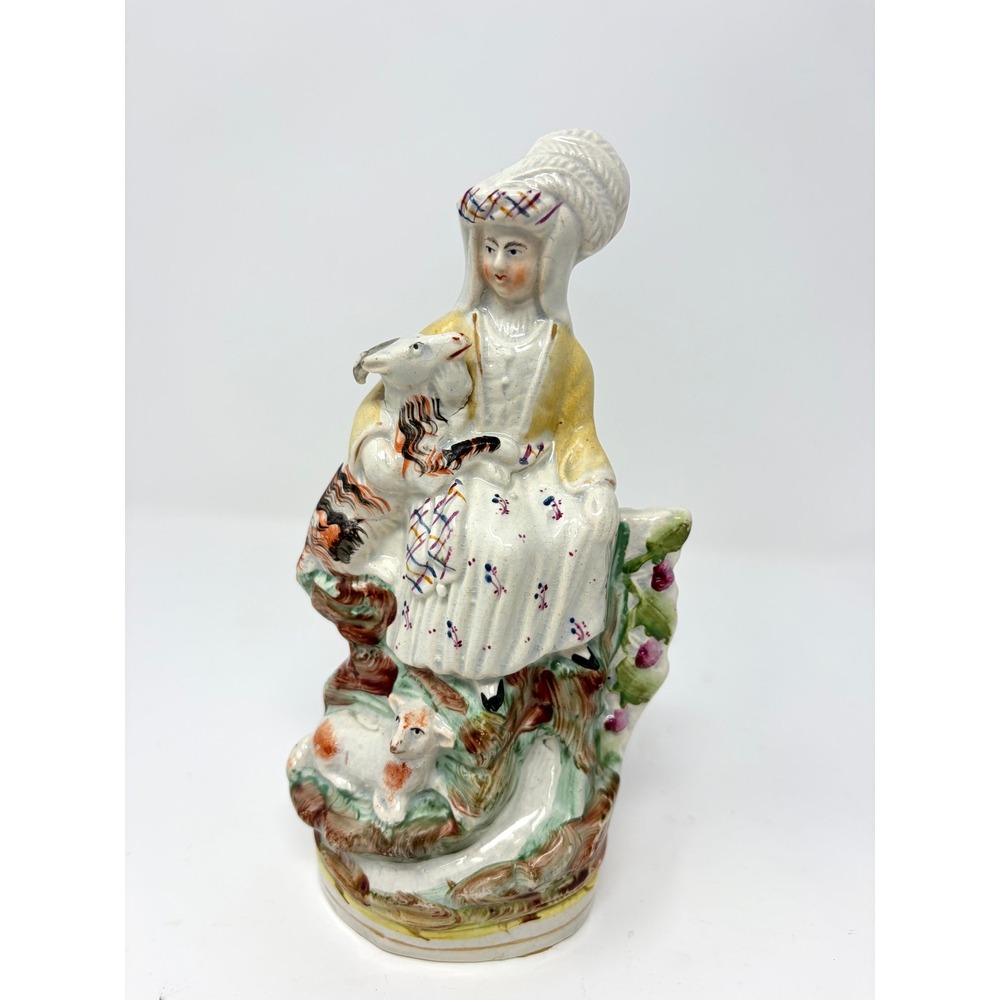 Antique Staffordshire Porcelain Shepherdess Figurine with Goat and Lamb 19th C
